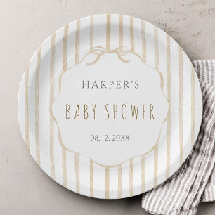 Beige Streifen mit geschwungener Rahmung Baby Show Pappteller