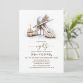 Beige Striped High Heel Shoes 80th Birthday Party Einladung (Stehend Vorderseite)