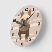 Beige Stripes French Bulldog Runde Wanduhr (Winkel)
