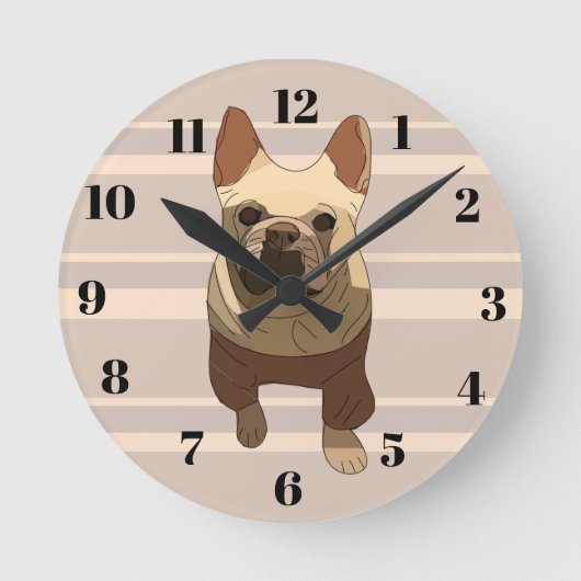 Beige Stripes French Bulldog Runde Wanduhr (Vorderseite)