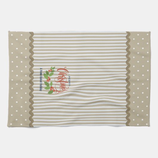 Beige Stripes Holly Verlasst Weihnachten Geschirrtuch (Horizontal)