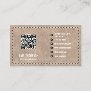 Beige Suede Leather Business QR-Code Visitenkarte