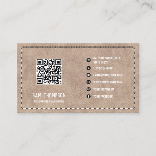 Beige Suede Leather Business QR-Code Visitenkarte (Vorderseite)