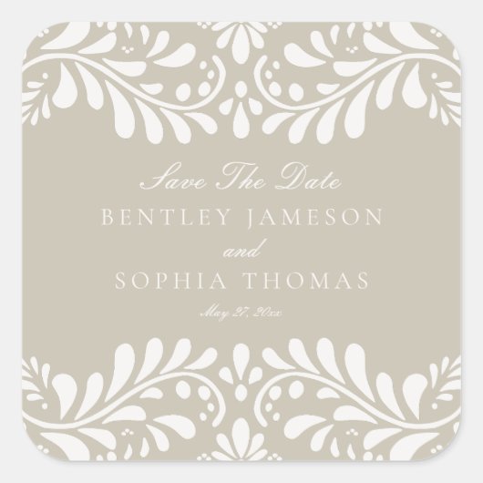 Beige Talavera Tile Fiesta Save the Date Envelope Quadratischer Aufkleber (Vorderseite)