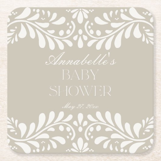 Beige Talavera Tile Spanische Fiesta Babydusche Rechteckiger Pappuntersetzer (Vorderseite)