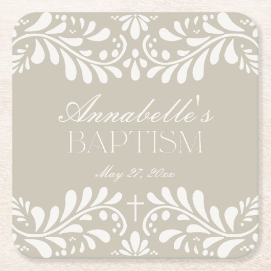 Beige Talavera Tile Spanische Fiesta Taufe Rechteckiger Pappuntersetzer (Vorderseite)