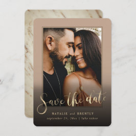 Beige Tan Gold Script & Marble Foto Overlay Save The Date