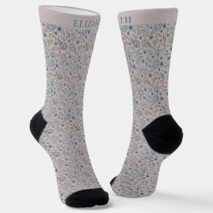 Beige Tan Gray und Tuquoise Blue Paisley Pattern Socken