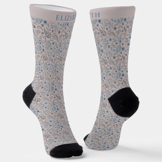 Beige Tan Gray und Tuquoise Blue Paisley Pattern Socken (Gewinkelt)