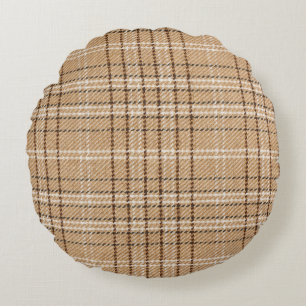 Beige Tartan: Klassischer Karierter Weave. Rundes Kissen
