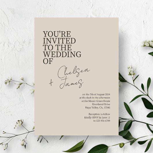 Beige Taupe | Chic Script Minimalistisch Wedding Einladung