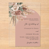 Beige taupe Rose Pampas Bogen klare Hochzeit Acryleinladungen (Vorderseite)