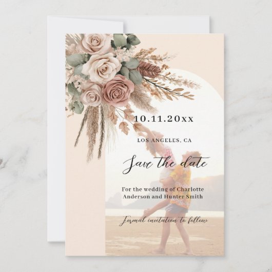 Beige Taupe Rose Pampas Foto Bogen Hochzeit Save The Date (Vorderseite)