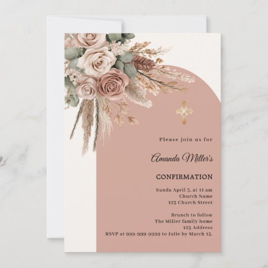Beige taupe roses pampas arch ivory Confirmation Einladung (Vorderseite)