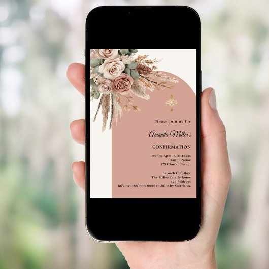 Beige taupe roses pampas arch ivory Confirmation Einladung