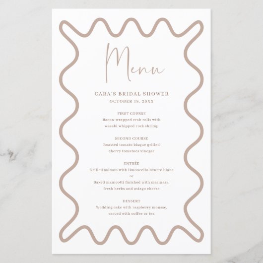 Beige Taupe Wavy Border Menükarte mit Namen (Vorderseite)