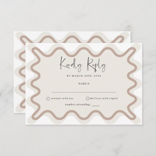 Beige Taupe Wavy Border RSVP Card Begleitkarte (Vorne/Hinten)