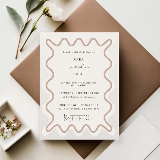 Beige Taupe Wavy Border Wedding Einladung