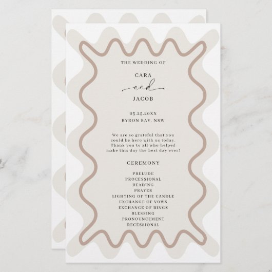 Beige Taupe Wavy Border Zeremonie Programm (Vorne/Hinten)