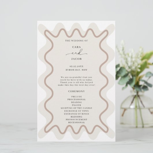 Beige Taupe Wavy Border Zeremonie Programm (Stehend Vorderseite)