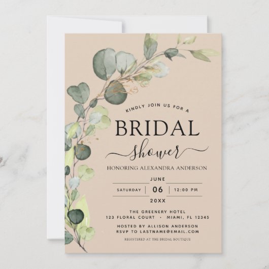 Beige Terracotta Brautparty QR Code Eucalyptus Einladung (Vorderseite)