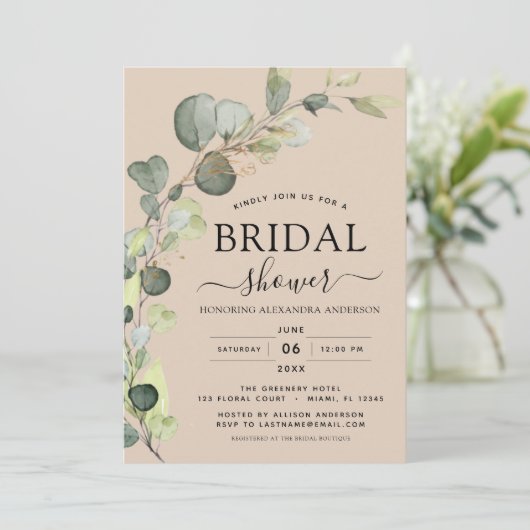 Beige Terracotta Brautparty QR Code Eucalyptus Einladung (Stehend Vorderseite)