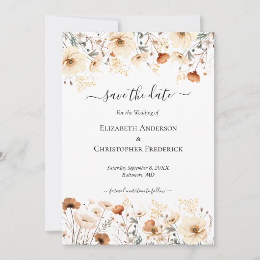 Beige Terracotta Wildblumen QR Code Boho Wedding Save The Date (Vorderseite)