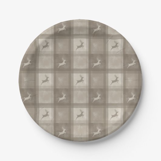 Beige-Textur-Karo mit Rentier-Weihnachten Pappteller (Vorderseite)