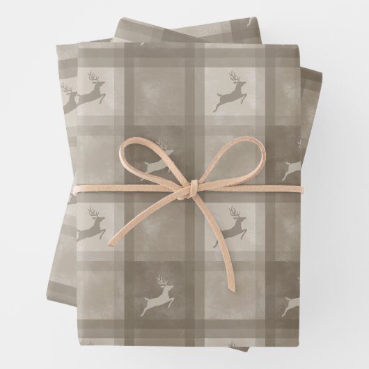 Beige Texture Plaid With Deer Stylish Christmas Geschenkpapier Set (Beispiel)