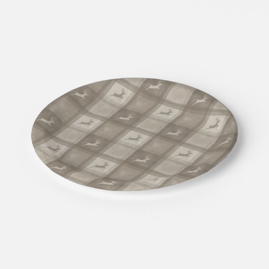 Beige Texture Plaid With Reindeer Christmas Pappteller (Schrägansicht)
