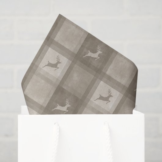 Beige Textured Plaid With Reindeer Christmas Seidenpapier (Geschenktüte)