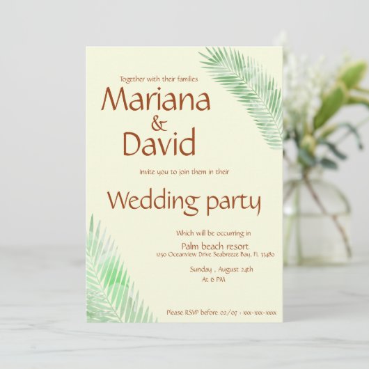 Beige, tropische Hochzeitsreise mit grüner Palme Einladung (Stehend Vorderseite)