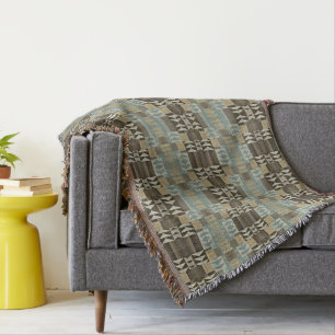 Beige Türkis Blau Grün Taupe Braun Stammesmuster Decke