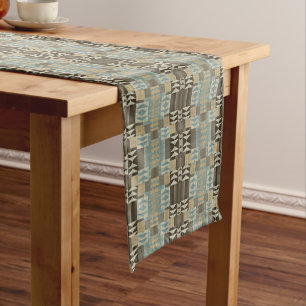 Beige Türkis Blau Grün Taupe Braun Stammesmuster Kurzer Tischläufer