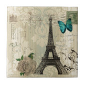 beige Turm Damastschmetterlings-Rose Paris Eiffel Fliese (Vorderseite)