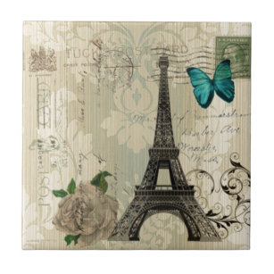 beige Turm Damastschmetterlings-Rose Paris Eiffel Fliese