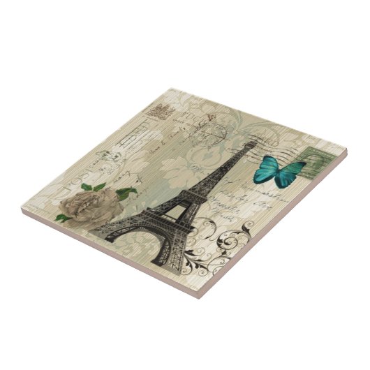 beige Turm Damastschmetterlings-Rose Paris Eiffel Fliese (Seite)