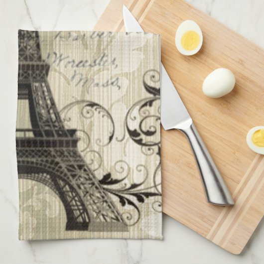 beige Turm Damastschmetterlings-Rose Paris Eiffel Geschirrtuch (Viertel Falte)