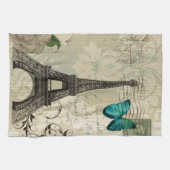 beige Turm Damastschmetterlings-Rose Paris Eiffel Geschirrtuch (Horizontal)