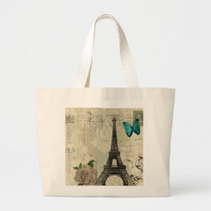 beige Turm Damastschmetterlings-Rose Paris Eiffel Jumbo Stoffbeutel