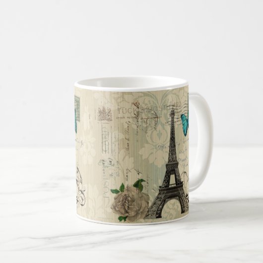 beige Turm Damastschmetterlings-Rose Paris Eiffel Kaffeetasse (VorderseiteRechts)