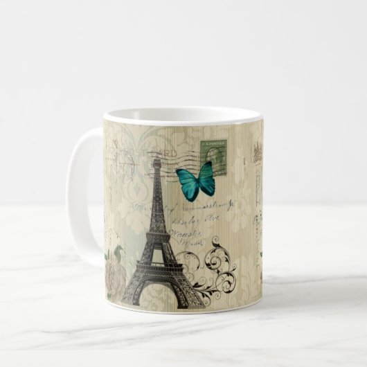 beige Turm Damastschmetterlings-Rose Paris Eiffel Kaffeetasse (Vorderseite Links)