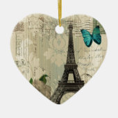 beige Turm Damastschmetterlings-Rose Paris Eiffel Keramik Ornament (Vorne)