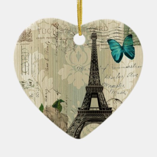 beige Turm Damastschmetterlings-Rose Paris Eiffel Keramik Ornament (Vorne)