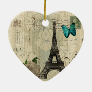 beige Turm Damastschmetterlings-Rose Paris Eiffel Keramik Ornament