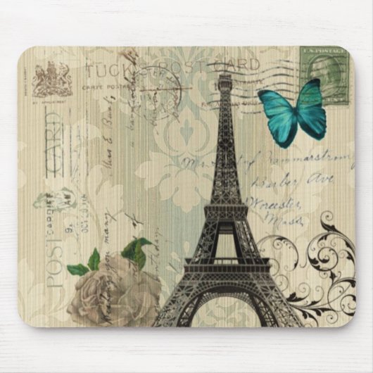 beige Turm Damastschmetterlings-Rose Paris Eiffel Mousepad (Vorne)