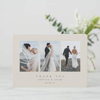 Beige Ultra-Minimal-Dreifach-Foto Hochzeitswohnung Dankeskarte