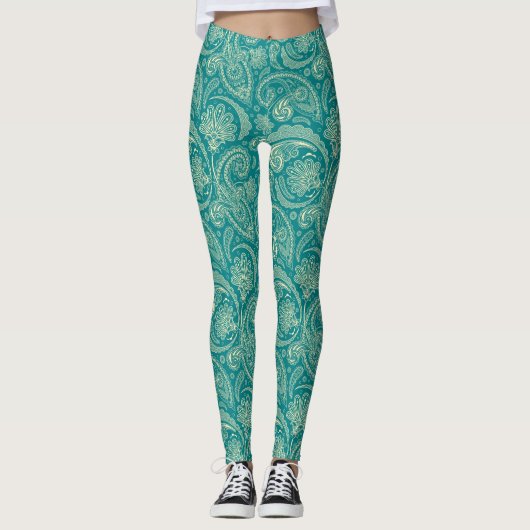 Beige und blaue grüne Paisley Leggings (Vorderseite)