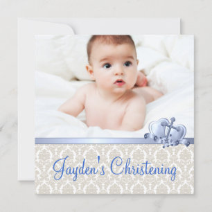 Beige und Blue Damask Boys Foto Christening Einladung