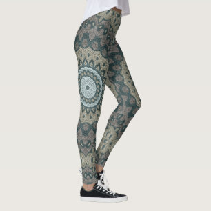 Beige und Blue Gray Mandala Kaleidoscope Medallion Leggings